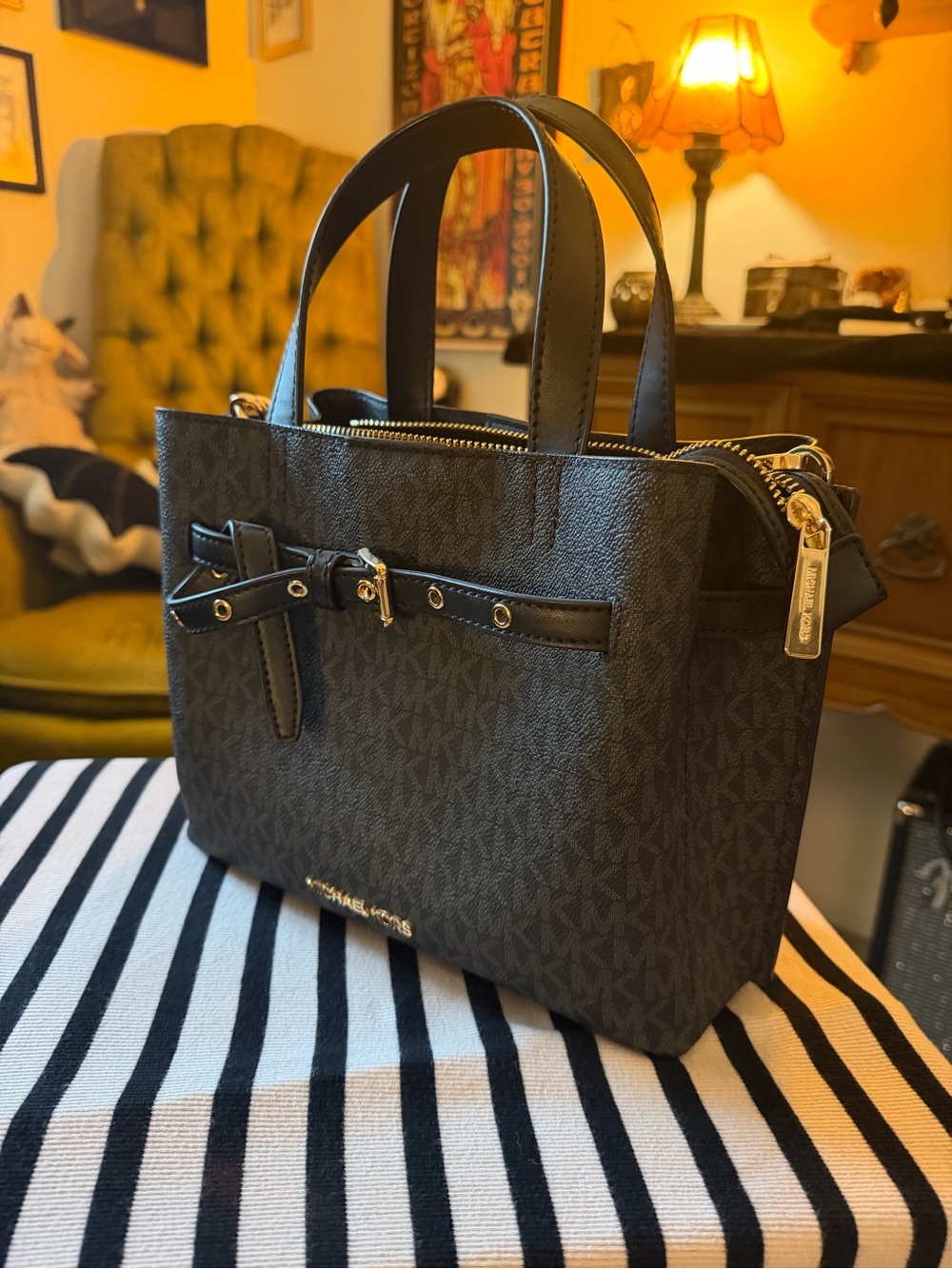 Michael Kors Black Signature Logo Satchel with Gold Hardware